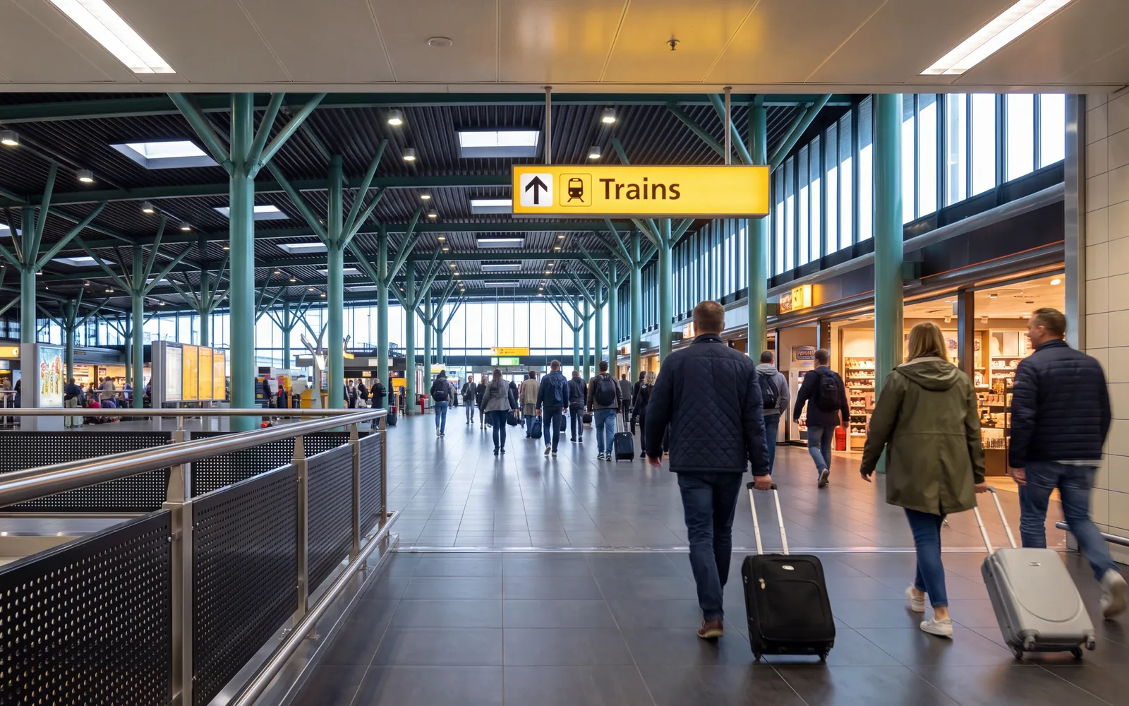 Travellers with suitcases in the Schiphol Plaza arrivals hall, under the yellow signs