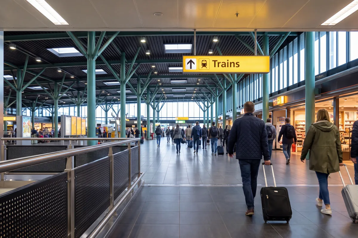 Reizigers met rolkoffers in de aankomsthal van Schiphol Plaza, onder de gele borden
