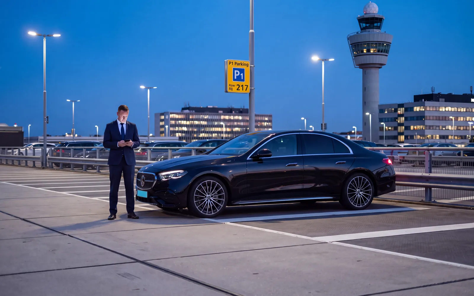 Zwarte sedan op een parkeerterrein bij Schiphol in de avond, de chauffeur kijkt op zijn telefoon, achter hen de verkeerstoren
