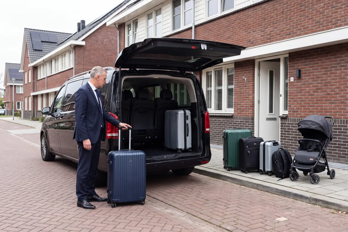 Man in a suit with a suitcase at the open tailgate of a black van outside a terraced house, with suitcases, a backpack and a pushchair on the pavement