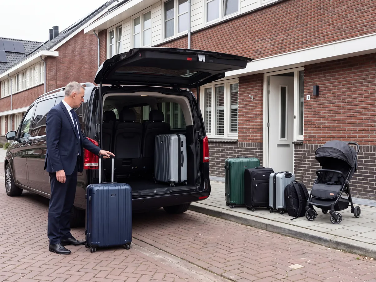Man in a suit with a suitcase at the open tailgate of a black van outside a terraced house, with suitcases, a backpack and a pushchair on the pavement
