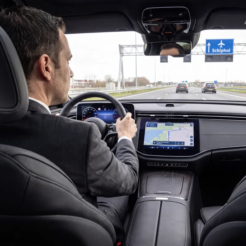 Driver at the wheel seen from the back seat, with a blue sign for Schiphol above the road