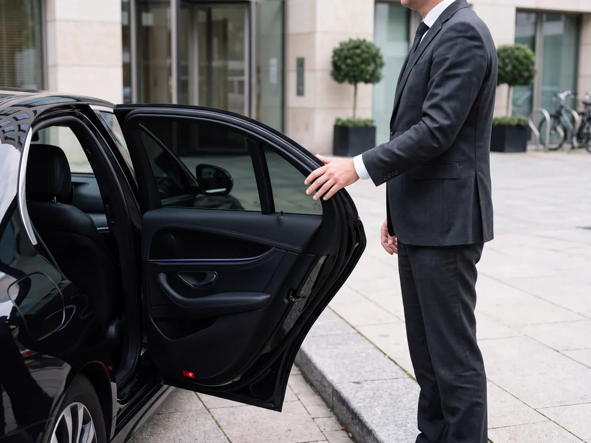 Driver in a dark suit holding the open rear door of a black sedan outside an office building