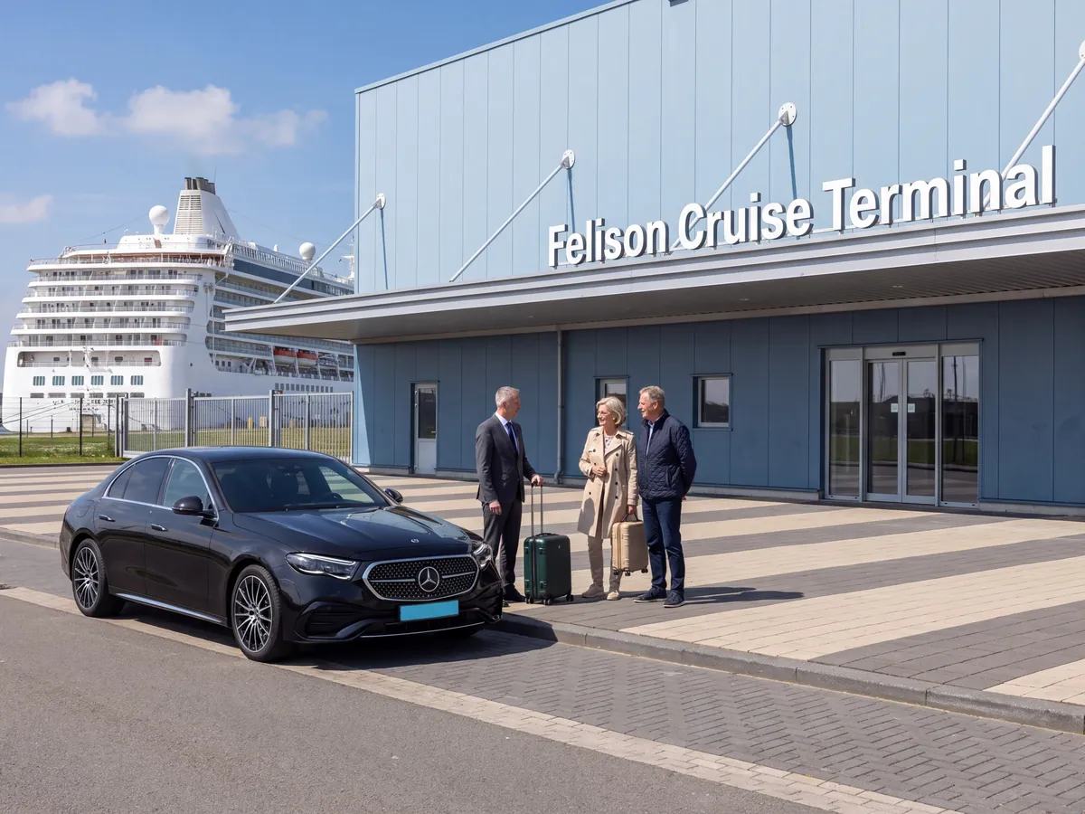 Black sedan outside the cruise terminal in IJmuiden, with a cruise ship at the quay
