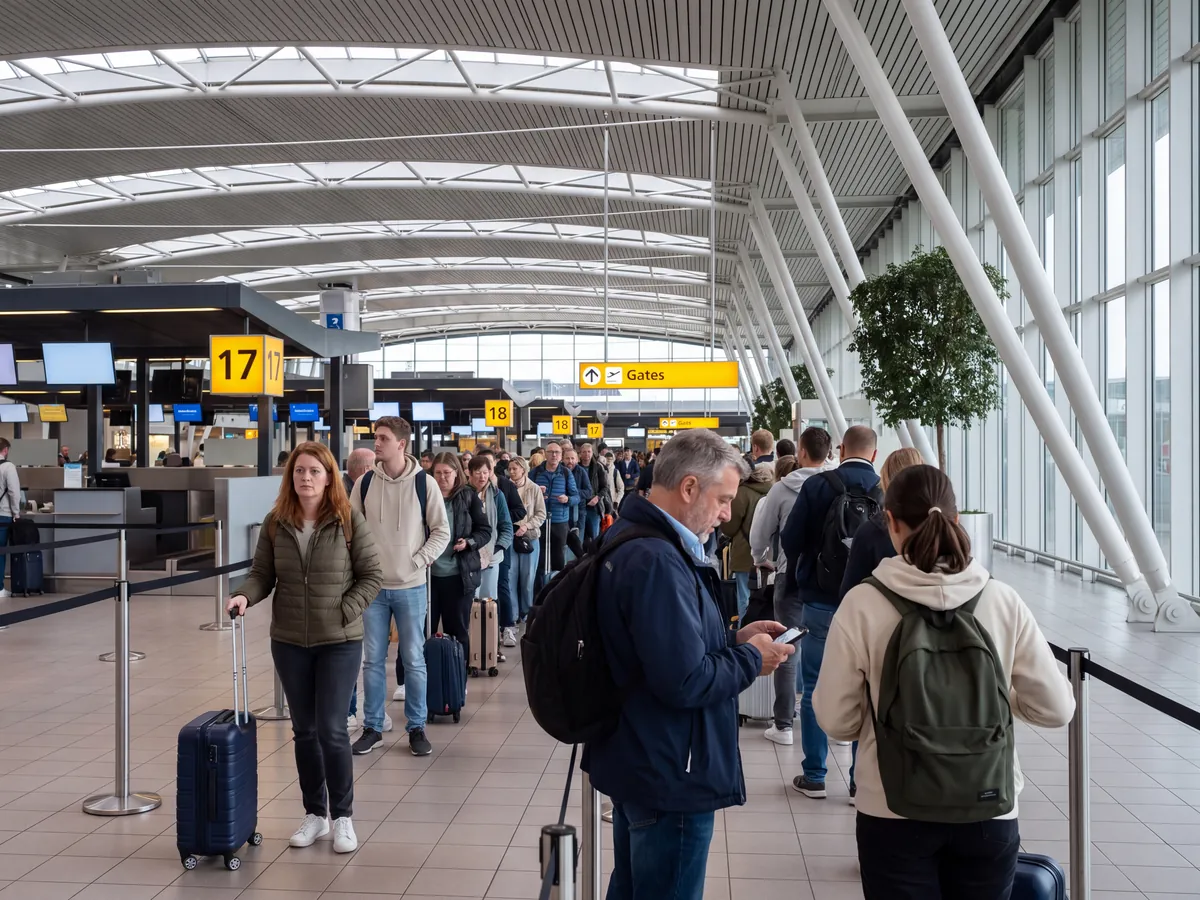 Busy Schiphol departure hall: travellers with luggage queuing at the check-in desks