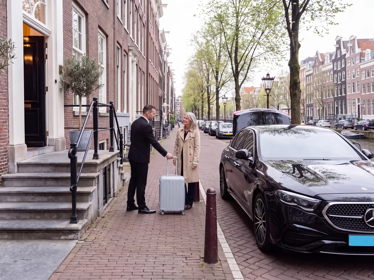 Chauffeur neemt bij de ingang van een hotel de koffer van een reiziger aan, een zwarte sedan staat langs de stoep