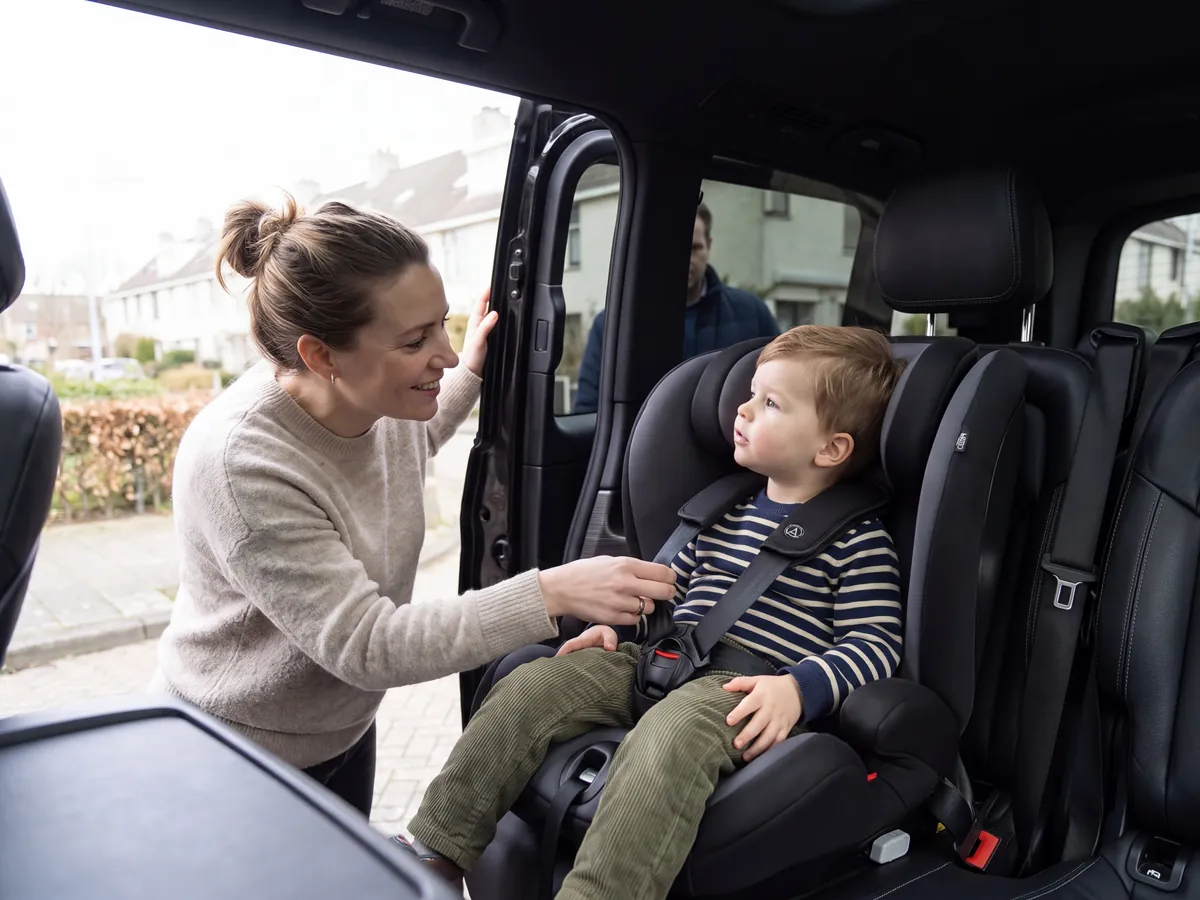 A woman buckling a toddler into a child seat on the back seat