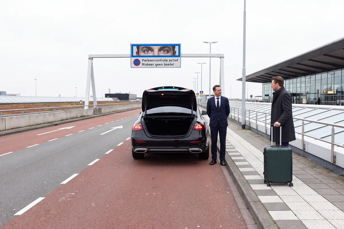 Zwarte sedan met open kofferbak op de afzetstrook van Schiphol, de chauffeur en een reiziger met koffer op de stoep
