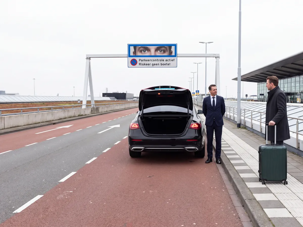 Black sedan with its boot open in the drop-off lane at Schiphol, the driver and a traveller with a suitcase on the kerb