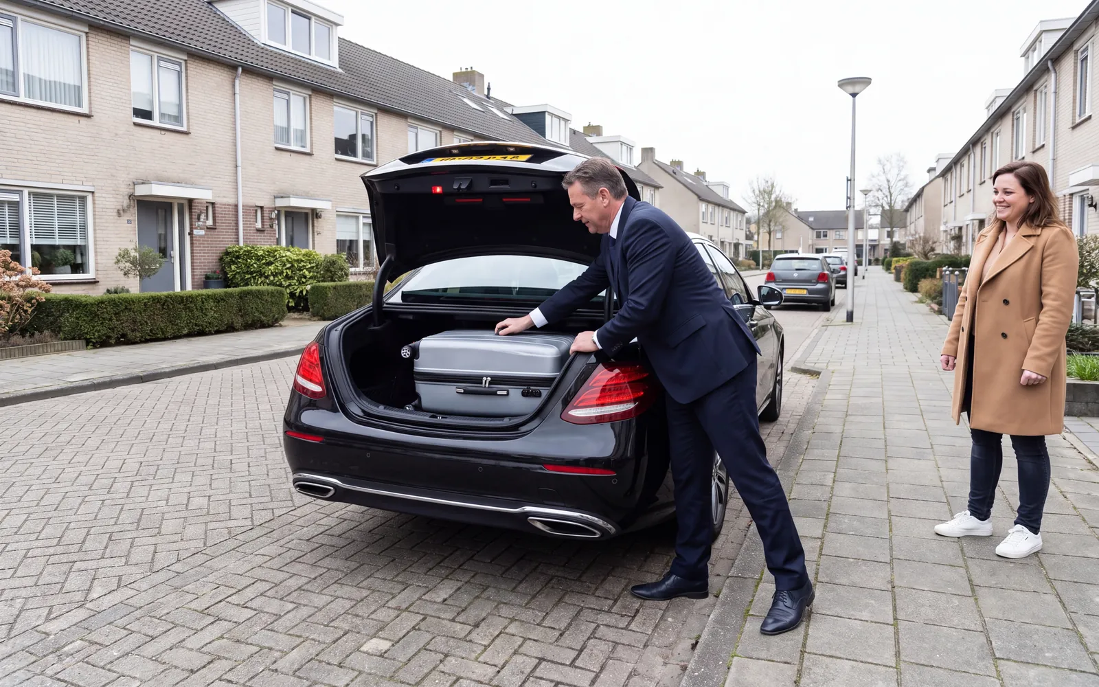 Chauffeur tilt een koffer in de kofferbak van een zwarte sedan in een woonstraat, de reiziger staat ernaast