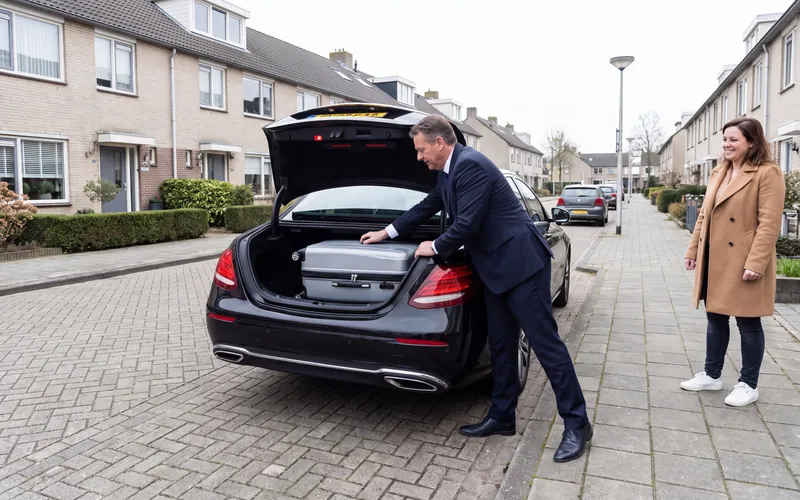 Chauffeur tilt een koffer in de kofferbak van een zwarte sedan in een woonstraat, de reiziger staat ernaast