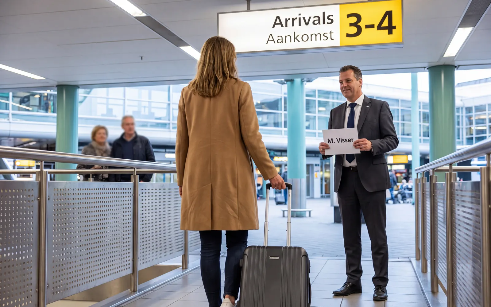 Driver in a suit holding a name sign in the Schiphol arrivals hall, a traveller with a suitcase walking towards him