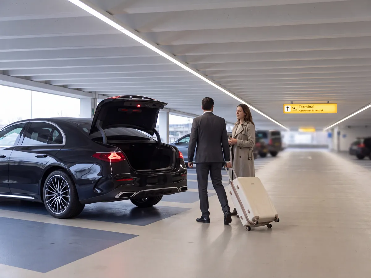 Schiphol car park: a driver and a traveller with a suitcase beside a black sedan with its boot open, a yellow sign to the terminal further on