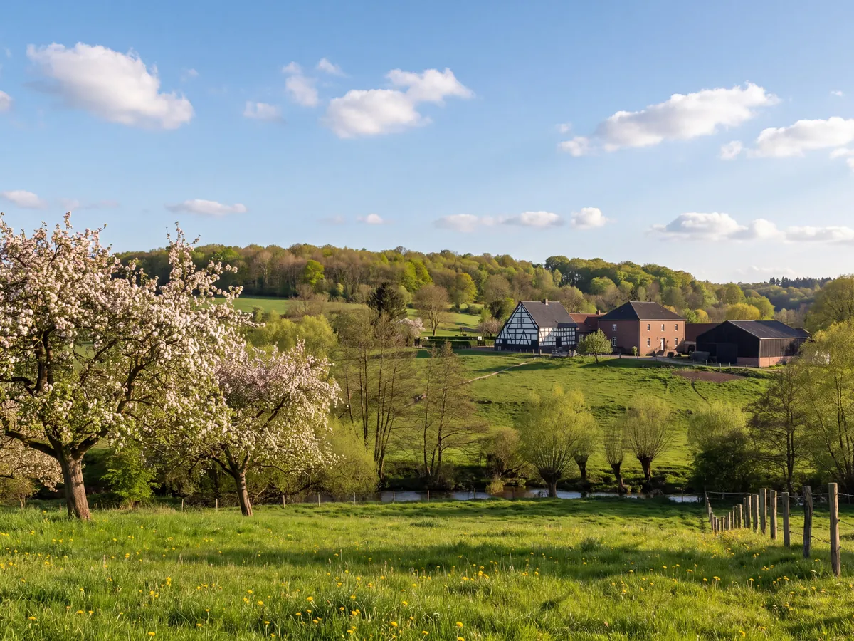 Rolling hills in Limburg with a blossoming fruit tree and farmhouses
