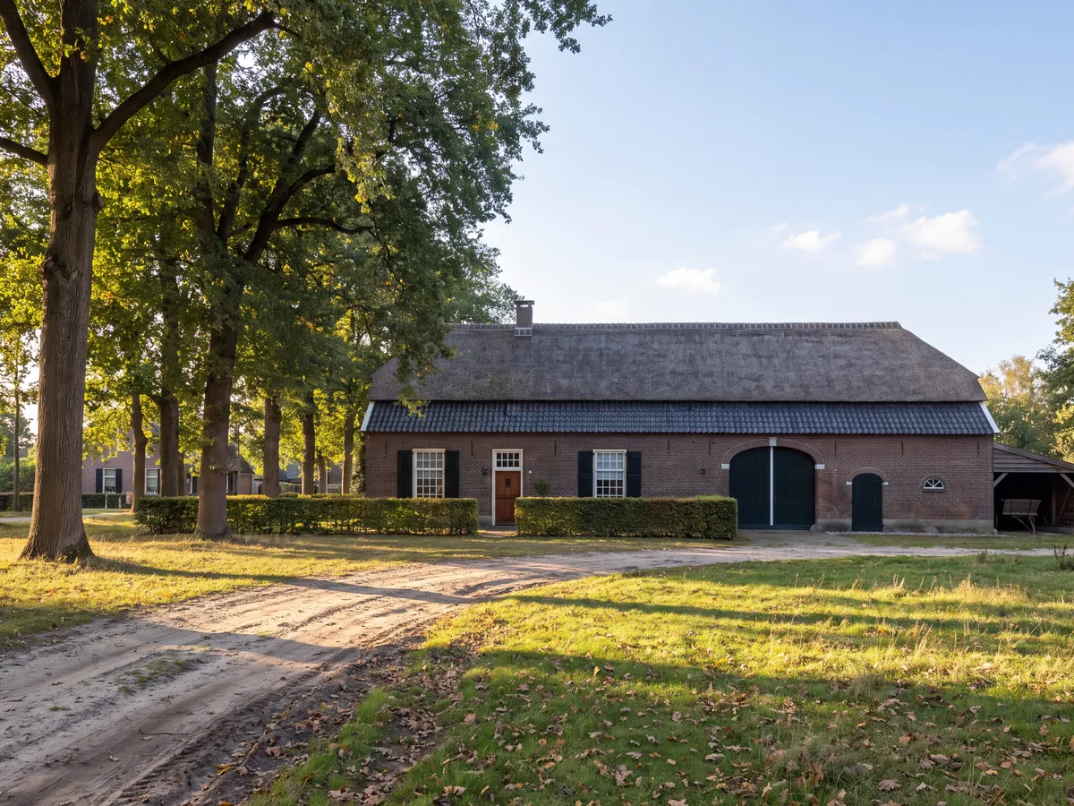Long Brabant farmhouse on a dirt track under tall trees