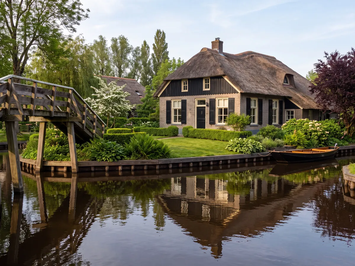 Thatched farmhouse by the water with a wooden footbridge