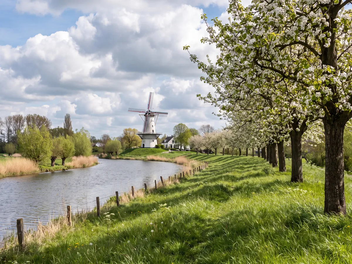Dyke lined with blossoming trees along the water, a windmill in the distance