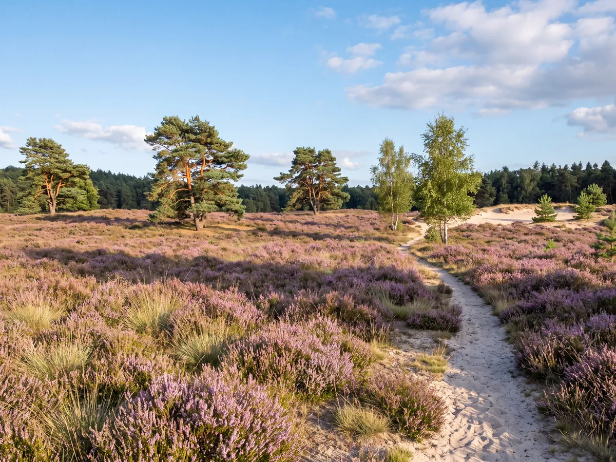 Heather in bloom with a sandy path among the pines on the Utrechtse Heuvelrug