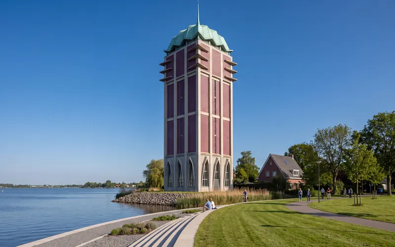 The Aalsmeer water tower on the shore of the Westeinder lakes