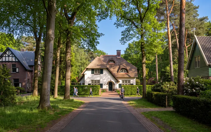 Een villa met rieten kap aan een bosrijke laan in Aerdenhout