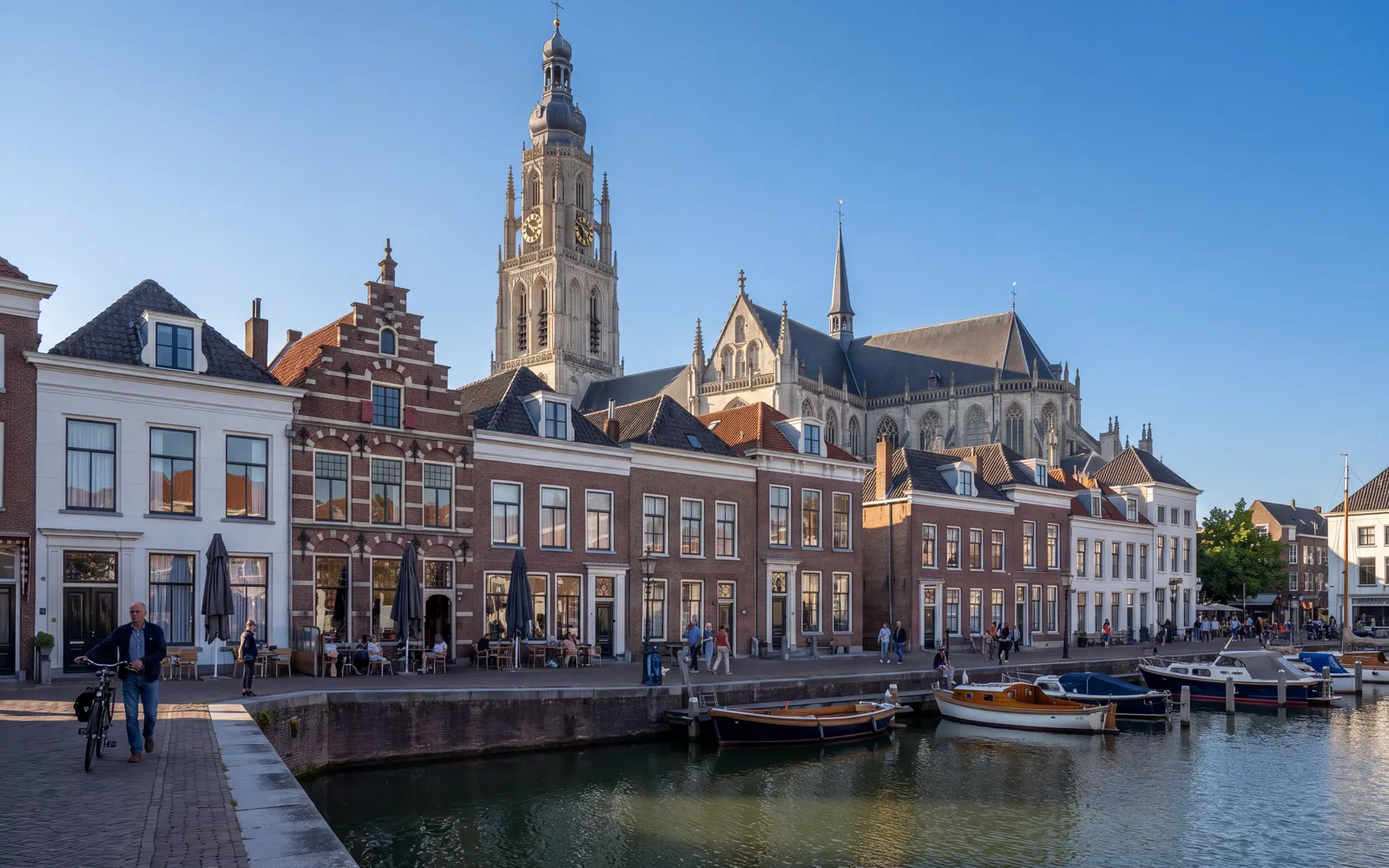 The harbour in Breda with the tower of the Grote Kerk above the houses
