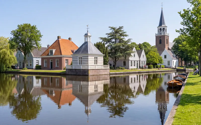 The Havenrak in Broek in Waterland, with the white pavilion on the water and the church tower