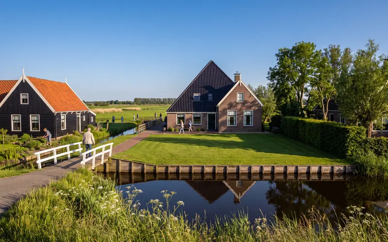 A wooden house and a farmhouse along the ditch in the ribbon village of Den Ilp