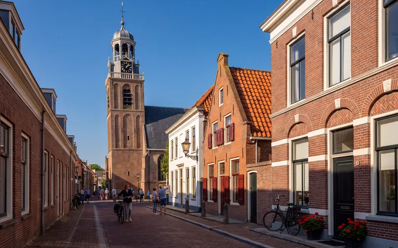 The Speeltoren carillon tower at the end of a street in the old town of Edam