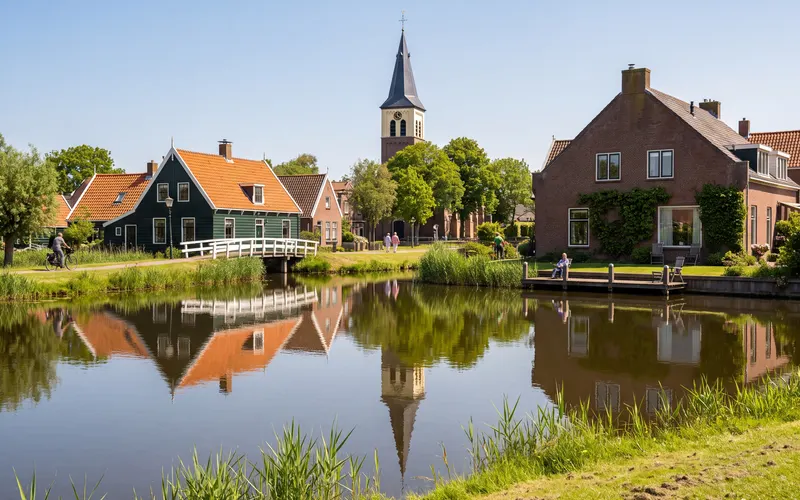 Wooden houses and St Sebastian's Church in Ilpendam, seen across the water