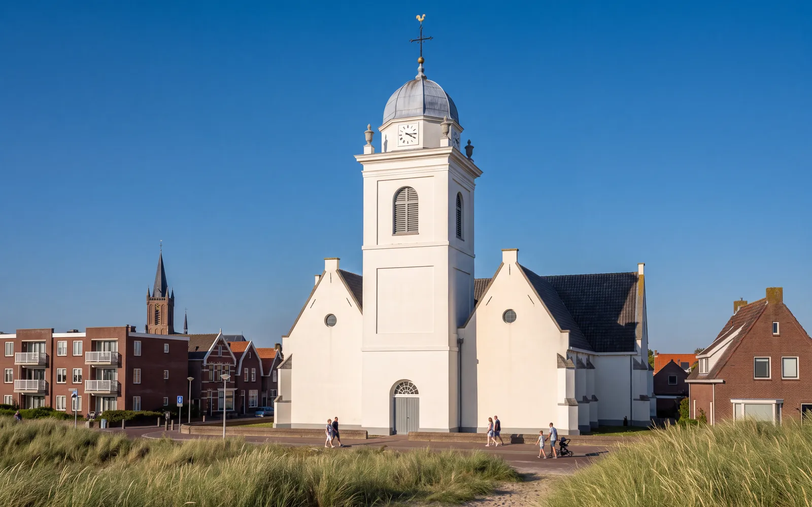The White Church (St Andrew's) on the seafront of Katwijk aan Zee, seen from the dunes