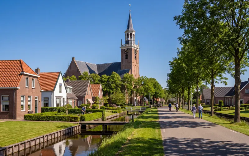 The Rijperweg in Middenbeemster with its ditch and footbridges, and the Keyserkerk tower behind