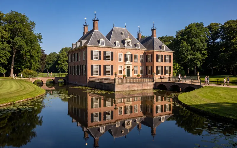 Kasteel Duivenvoorde in Voorschoten, weerspiegeld in de slotvijver