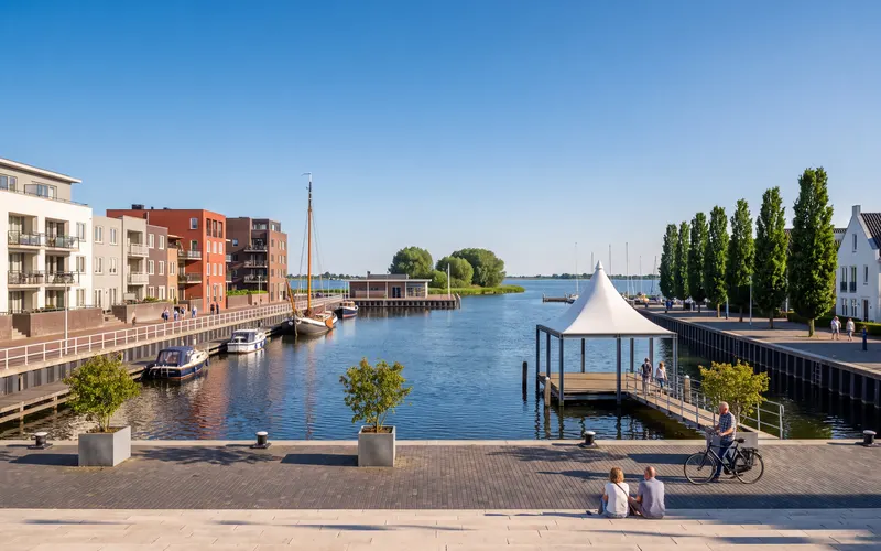 The Aanloophaven harbour in the centre of Zeewolde, looking out over the Wolderwijd under a blue sky
