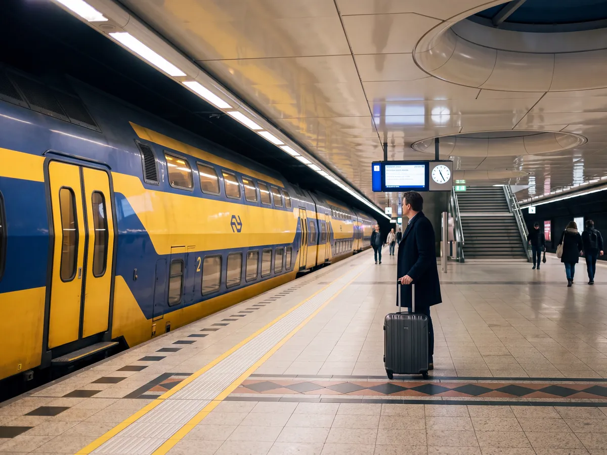 Platform at Schiphol station with a yellow and blue double-decker train and a traveller with a suitcase