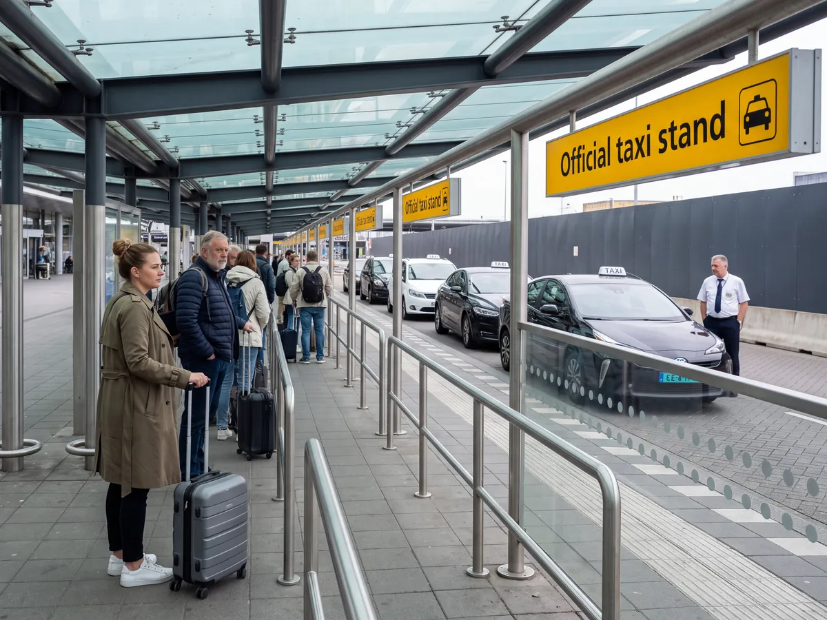 Taxi rank at Schiphol Plaza with a yellow Official taxi stand sign, travellers waiting with their suitcases