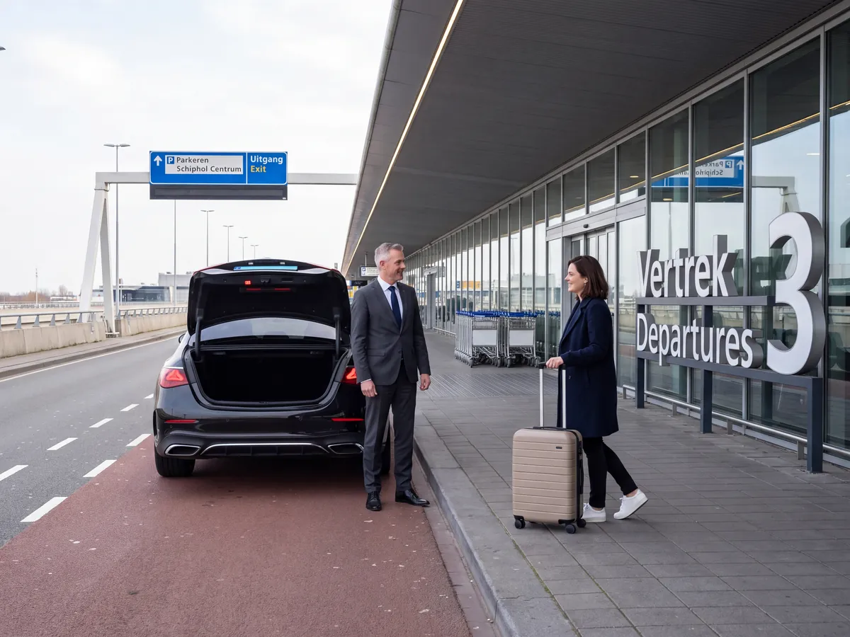 Black sedan with its boot open at Departures 3 at Schiphol, the driver and a traveller with a suitcase on the pavement