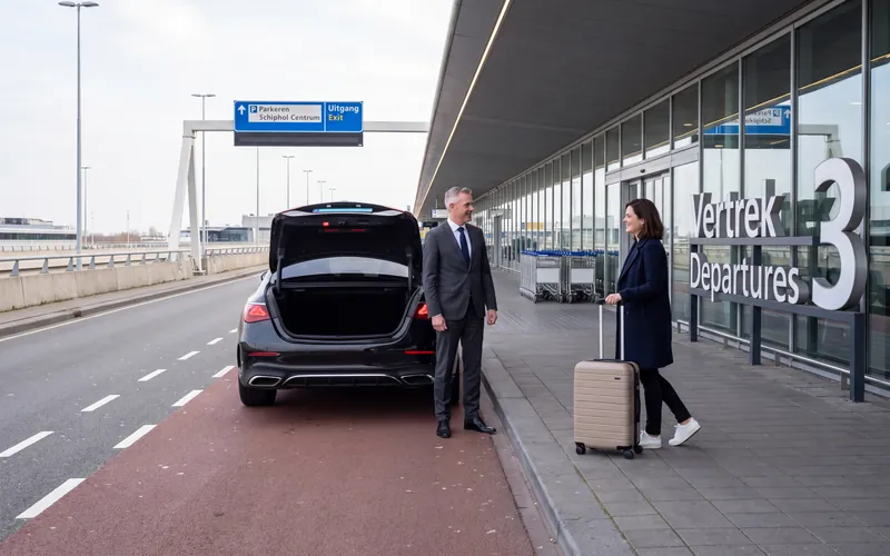 Zwarte sedan met open kofferbak bij Vertrek 3 op Schiphol, de chauffeur en een reiziger met rolkoffer op de stoep