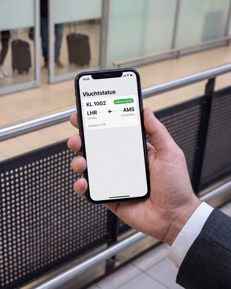 Hand met een telefoon die een vluchtstatus toont, de aankomsthal onscherp op de achtergrond