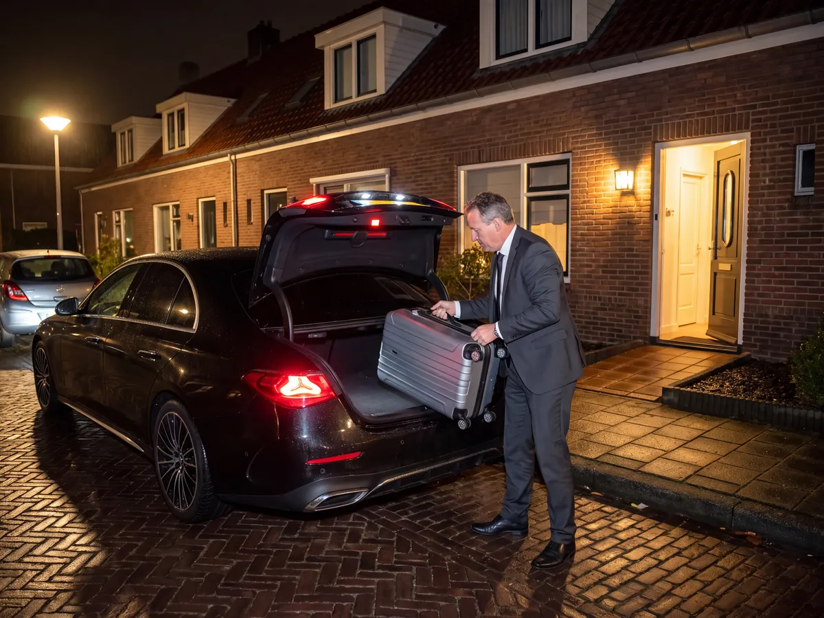 In the dark, a driver loading a suitcase into the boot of a black sedan outside a terraced house