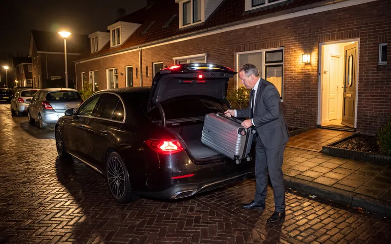 In het donker zet een chauffeur een koffer in de kofferbak van een zwarte sedan voor een rijtjeshuis